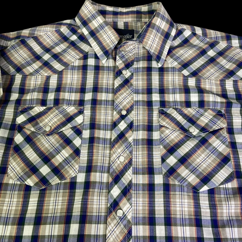 Wrangler Single Needle Mens Blue Plaid Pearl Snap Long Tail‎ Size XL - Picture 9 of 13